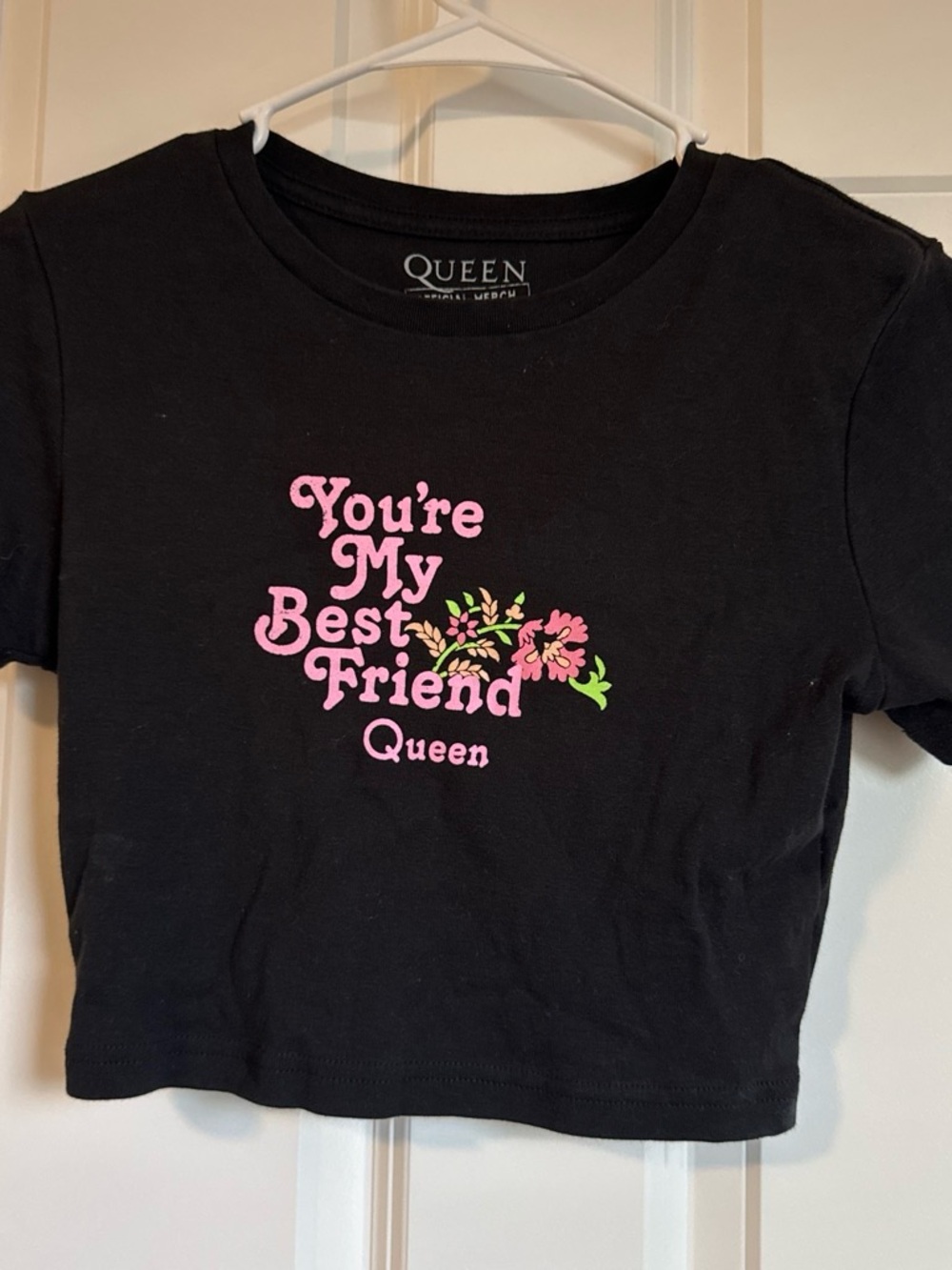 Queen Black Crop Tee with Pink Floral "You're My Best Friend" Graphic